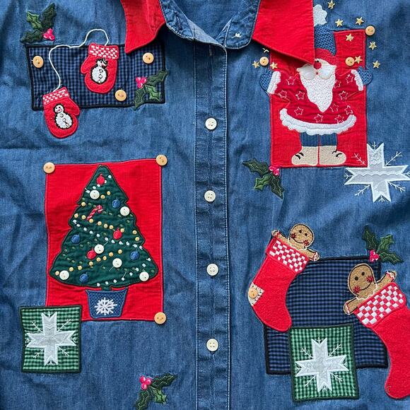 Vintage Karen Scott Sport Christmas Denim Shirt XL Santa Holiday Grandmacore - Picture 3 of 7